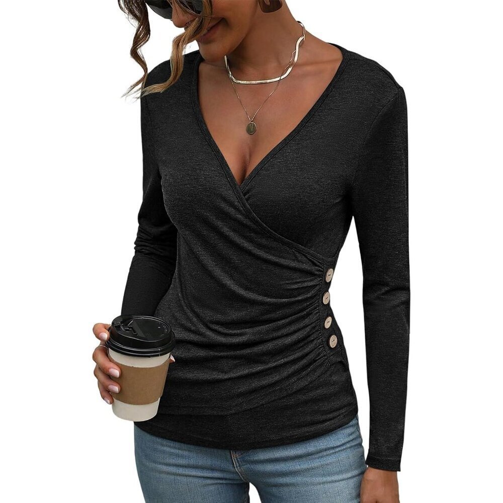 Women's Deep V Neck Ruched Long Sleeve Top Slim Fit Button Closure